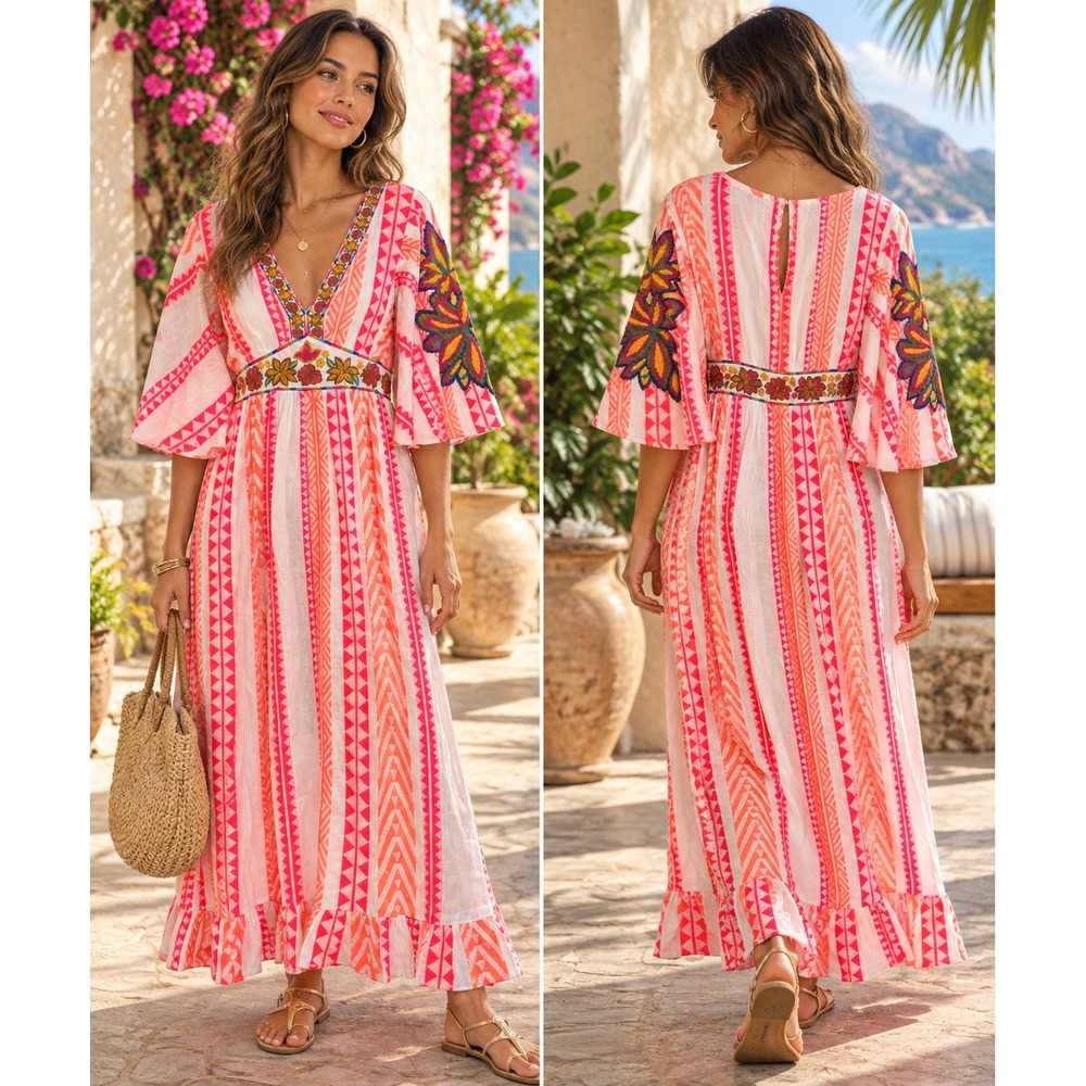 FARM Rio Anthropologie XS Embroidered Maxi Dress Pink Orange Boho Resort